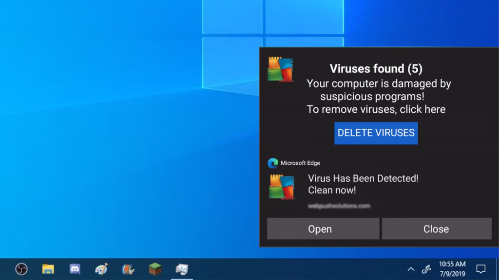 Example of a fake virus warning pop-up scam with a fake phone number, the sign the alert is not real